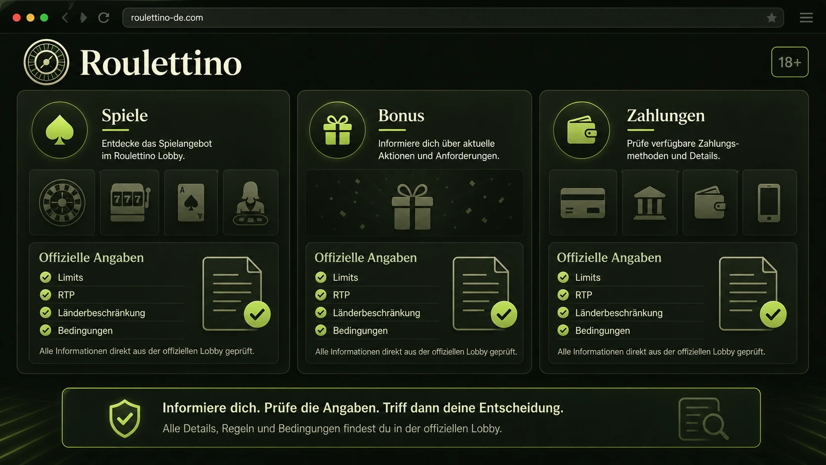 Spiele, Bonus und Zahlungen nur anhand offizieller Angaben bewerten